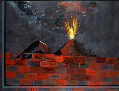 painting with red brick wall and explosive volcano.
