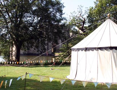 bunting and white tent in field