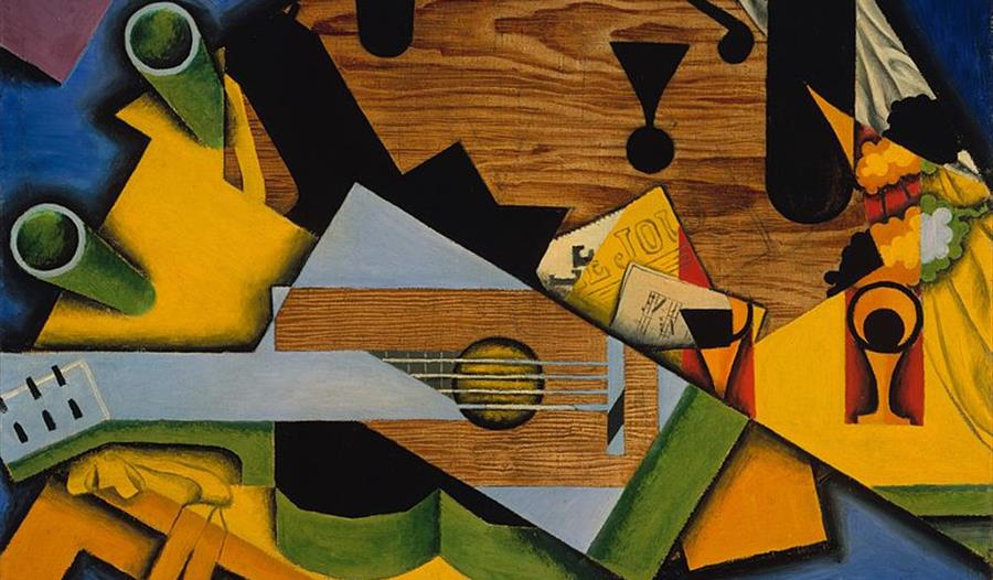 Modern art painting with fragments of guitars.