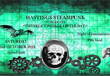 green poster for Hastings steampunk event showing skull and cogs