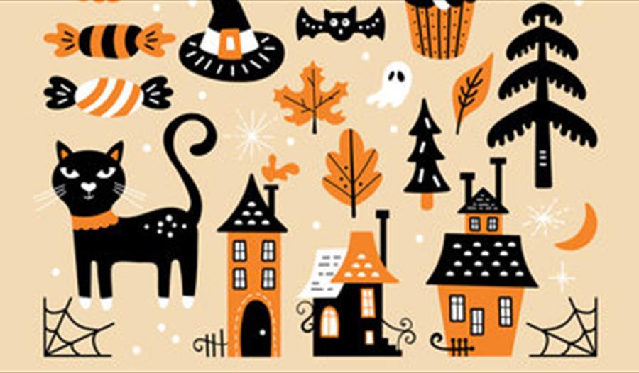 halloween graphics with cat, house and autumn leaves