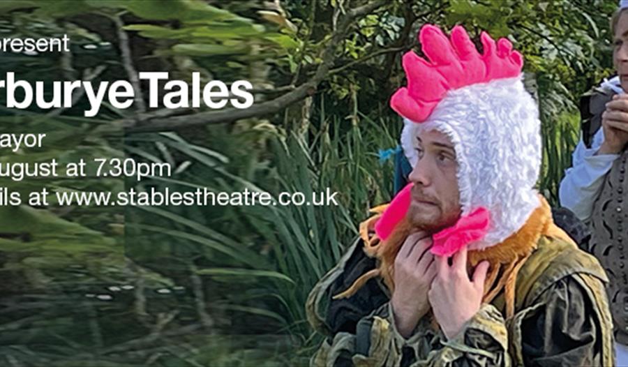 Poster for Cantervury Tales. Shows man and woman by green plants. man in crouched wearing novelty chicken hat.