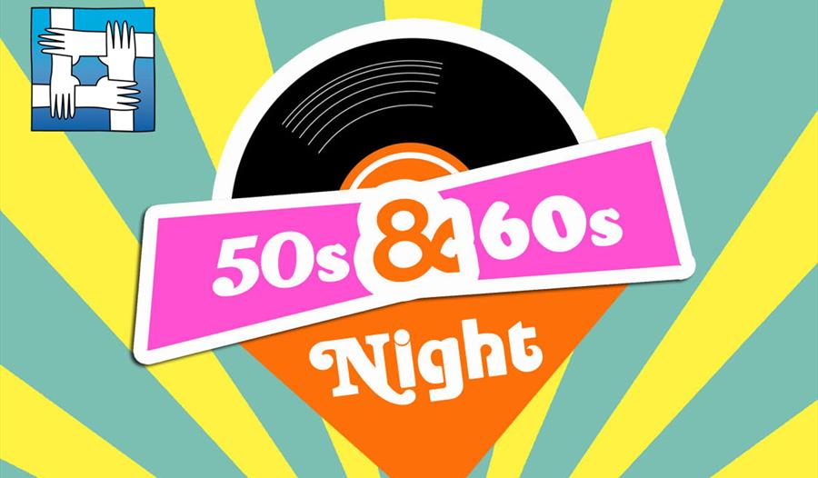bright coloured posters for 50s and 60s night. yellow and green stripey background. centres shows a vinyl record and 50s 60s night against pink and or