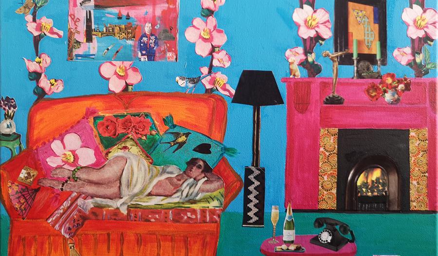 A collage by Anna Bachène. Shows a woman lying on an organe sofa with large cherry blossom wallpaper.