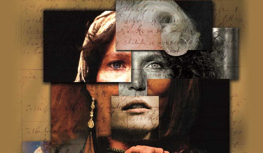 a collage making a photograph of a white woman's face with blonde hair.