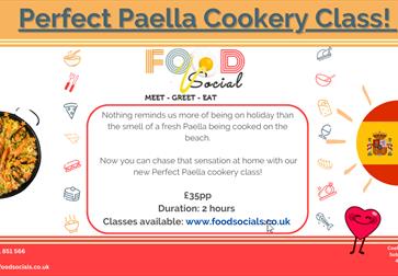 Poster for Perfect Paella Cookery Class. Text is in the description. Scattered images included a paella dish, red wine, and a Spanish flag inside a su