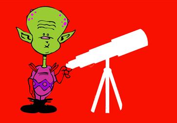green alien holding telescope against red background