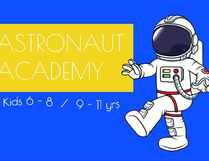 blue poster with 'Astronaut academy' in  yellow box, and cartoon of an astronaut.