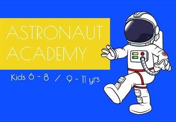 blue poster with 'Astronaut academy' in  yellow box, and cartoon of an astronaut.