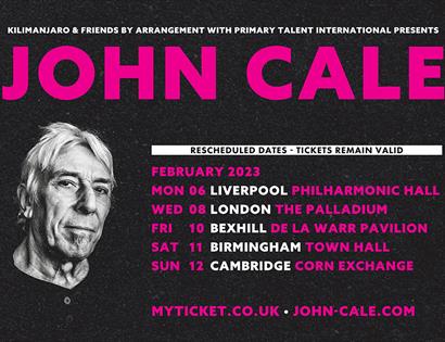 Poster for John Cale at the De La Warr Pavilion Bexhill.  Shows black poster with pink text, including tour dates. Black and white portrait of a man t