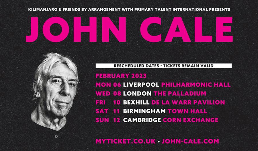 Poster for John Cale at the De La Warr Pavilion Bexhill.  Shows black poster with pink text, including tour dates. Black and white portrait of a man t
