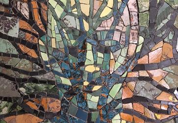an abstract mosaic like painting of a mans face and a tree.