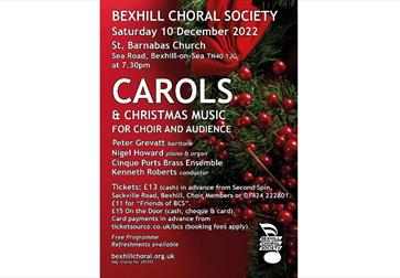 Poster for Carols and Christmas music event. All text in description. Poster with red background and Christmas berries.
