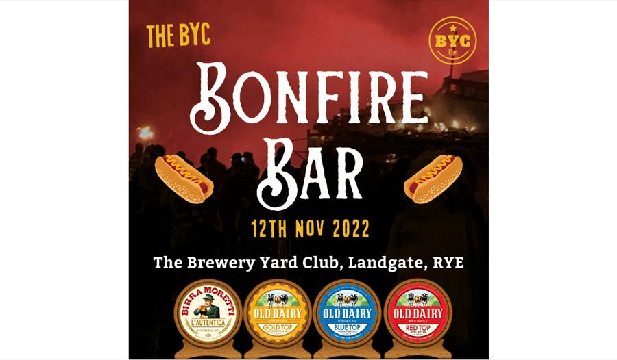 Poster saying Bonfire bar with cartoon hot dogs and beer labels.