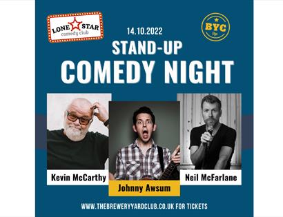 square blue poster for stand-up comedy night with three photographs of white men, titled Kevin McCarthy Johnny Awsum, Neil McFarlane