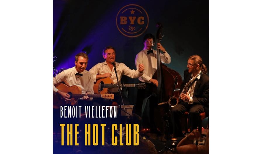 poster for Benoit Viellefon The Hot Club. Show four male musicians of stage
