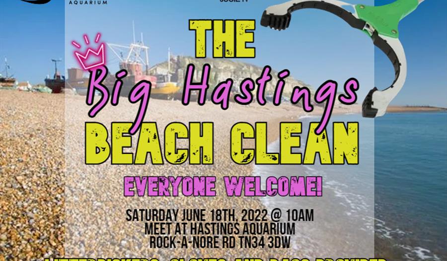 poster for the big hastings beach clean, text as in the description, background image of stade fishing beach