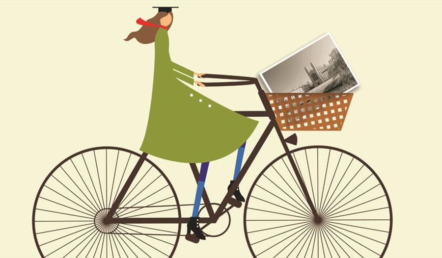 an illustration of a woman in a large triangular green coat on a bicycle. Cream background.