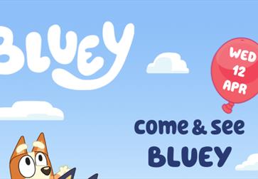 poster illustrated cartoon shows two dogs, one on top of the others shoulders. standing on grass with the words 'Bluey' written in clouds.