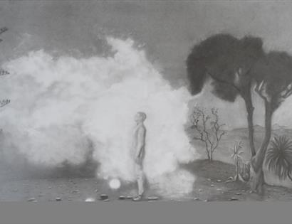 black and white drawing of man standing in smoke with trees in background