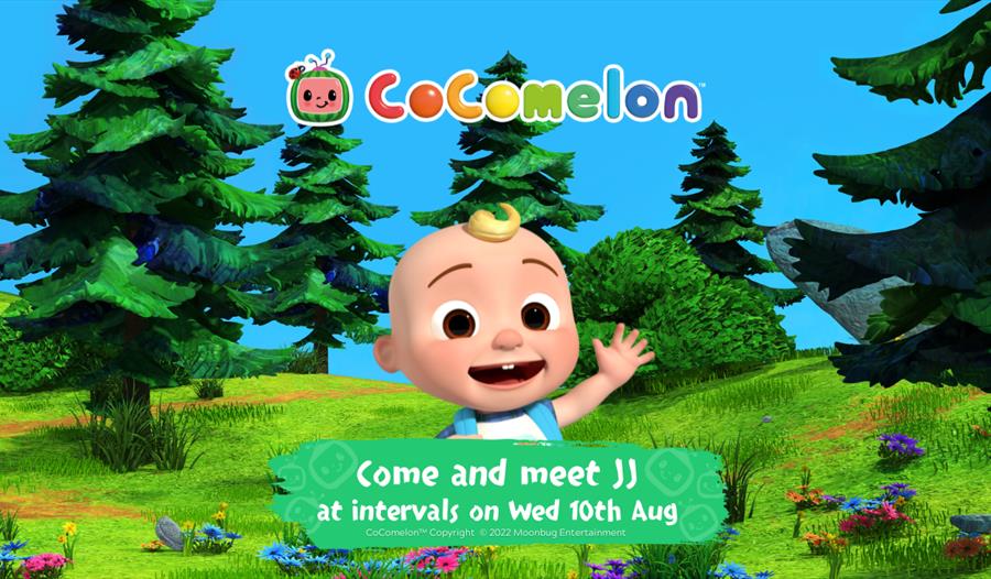 cartoon baby in woods waving for cocomelon event