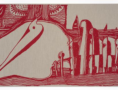 A red silkscreen print by artist Ibrahim el Salahi