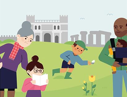 illustrated graphic image of a multigenerational family on grass in front of a castle structure.