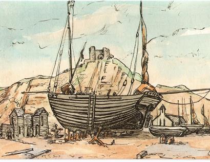 Watercolour and ink print of large fishing boat in front of castle like building on a clifftop