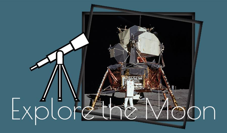 Explore The Moon poster. Image of a telescope.