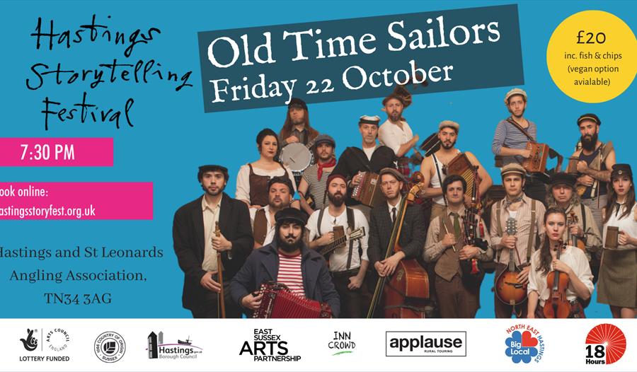 blue poster with cut out group of musicians. Says Hastings Storytelling Festival, Old Time Sailors.