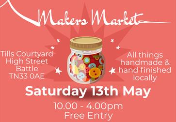peach coloured poster for Battle Makers Market. Centre of poster shows illustration of a kilner jar full of buttons.