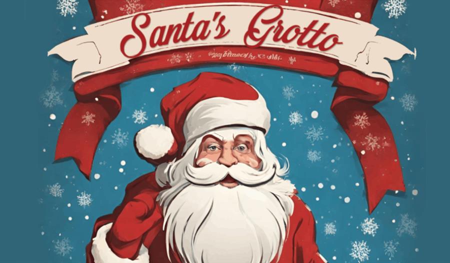 Graphic showing Father Christmas graphic and text 'Santa's Grotto'.