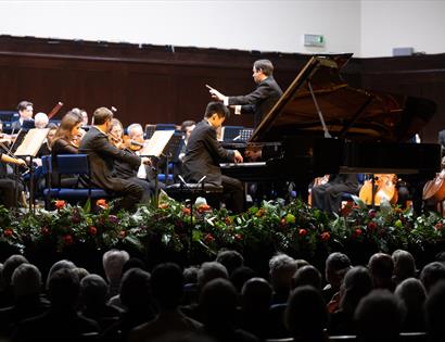 orchestra on stage with conductor