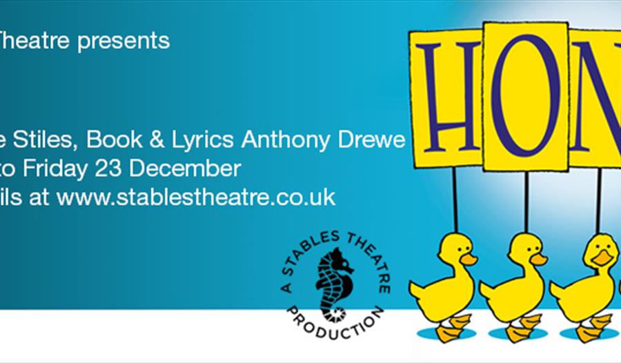 poster for honk! at stables theatre hastings. Shows blue background with cartoon ducklings.