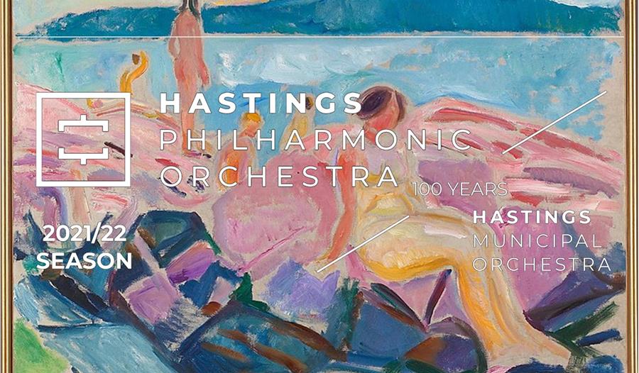 a poster with a colourful oil painting background  over a lady sat on a pink beach.  White writing overlaying says Hastings Philharmonic Orchestra.