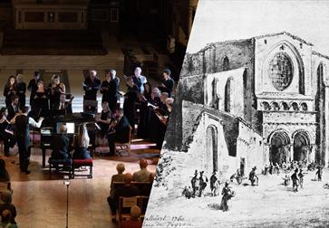 poster showing orchestra on stage and a sketch of a church building.