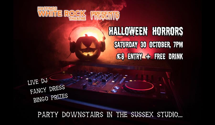 A poster for a halloween party. Background photograph shows pumpkin wearing headphones.