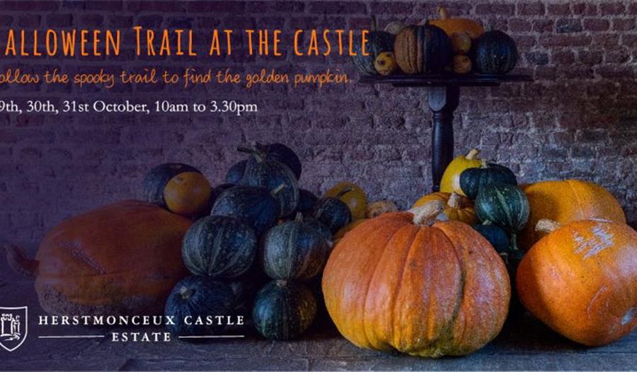 a poster showing a pile of gourds and pumpkins. Text at top says Halloween trail at the castle.