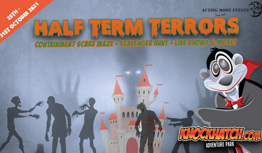 a poster with halloween zombie graphics that says Half term terrors