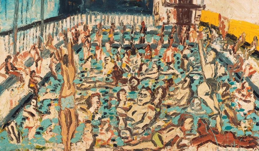 painting in bold brushstrokes showing a crowded swimming pool.