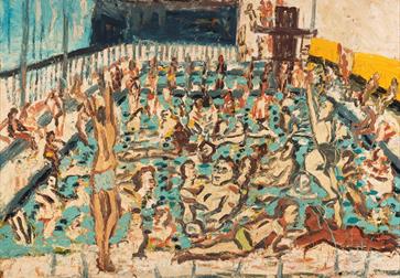 painting in bold brushstrokes showing a crowded swimming pool.
