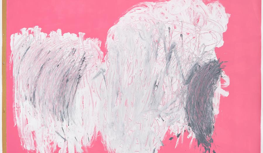 An abstract painting with a pink background and white and grew brushstrokes in the centre.