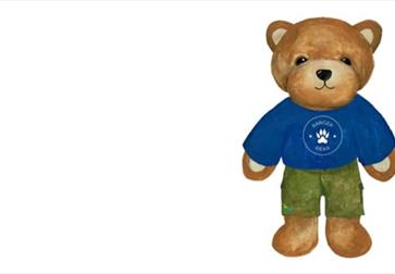 Picture of a teddy bear in blue top and green shorts, against a white background.