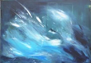 abstract painting of blue and white expressing waves