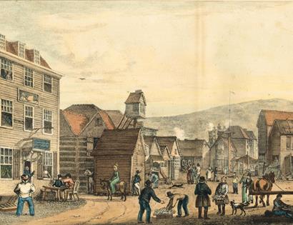 print of historic hastings with net huts in background and fishsellers