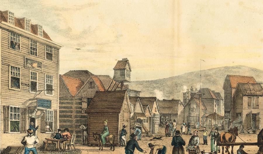 print of historic hastings with net huts in background and fishsellers