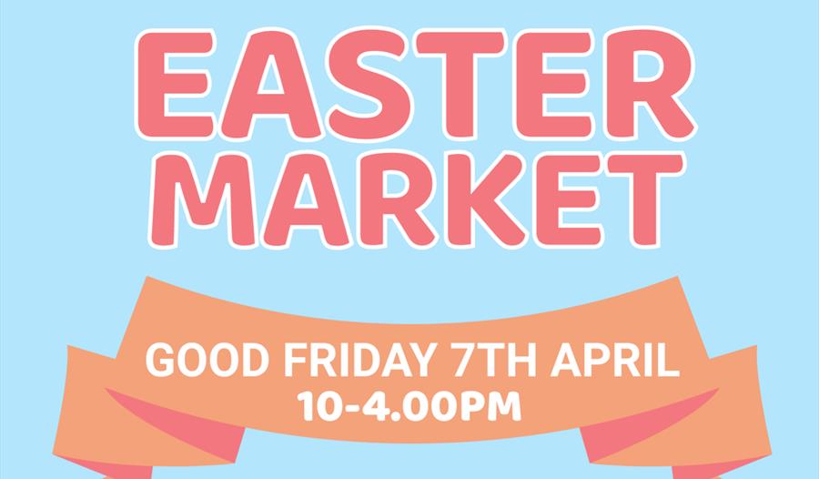 Blue poster with pink text that says "Easter Market"