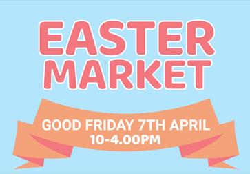 Blue poster with pink text that says "Easter Market"