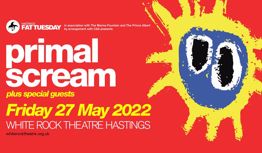 Poster for Primal Scream gig at White Rock Theatre Hastings. Red background with blue and yellow logo.