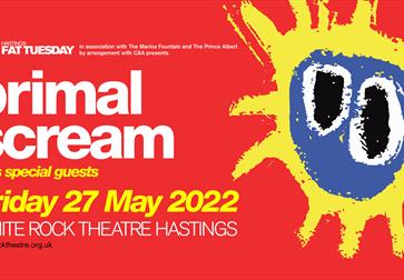 Poster for Primal Scream gig at White Rock Theatre Hastings. Red background with blue and yellow logo.